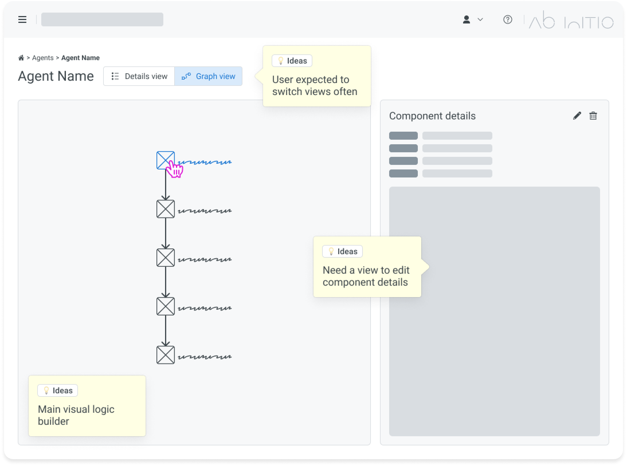 Low-fidelity wireframe of an agent details view with a visual logic builder and component details panel