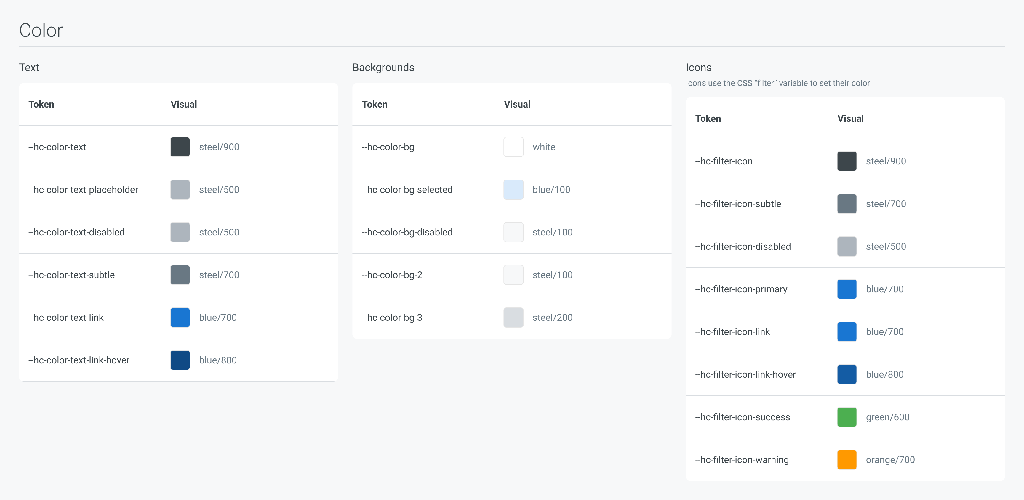 Honeycomb color tokens for text, backgrounds, and icons with semantic CSS variable names