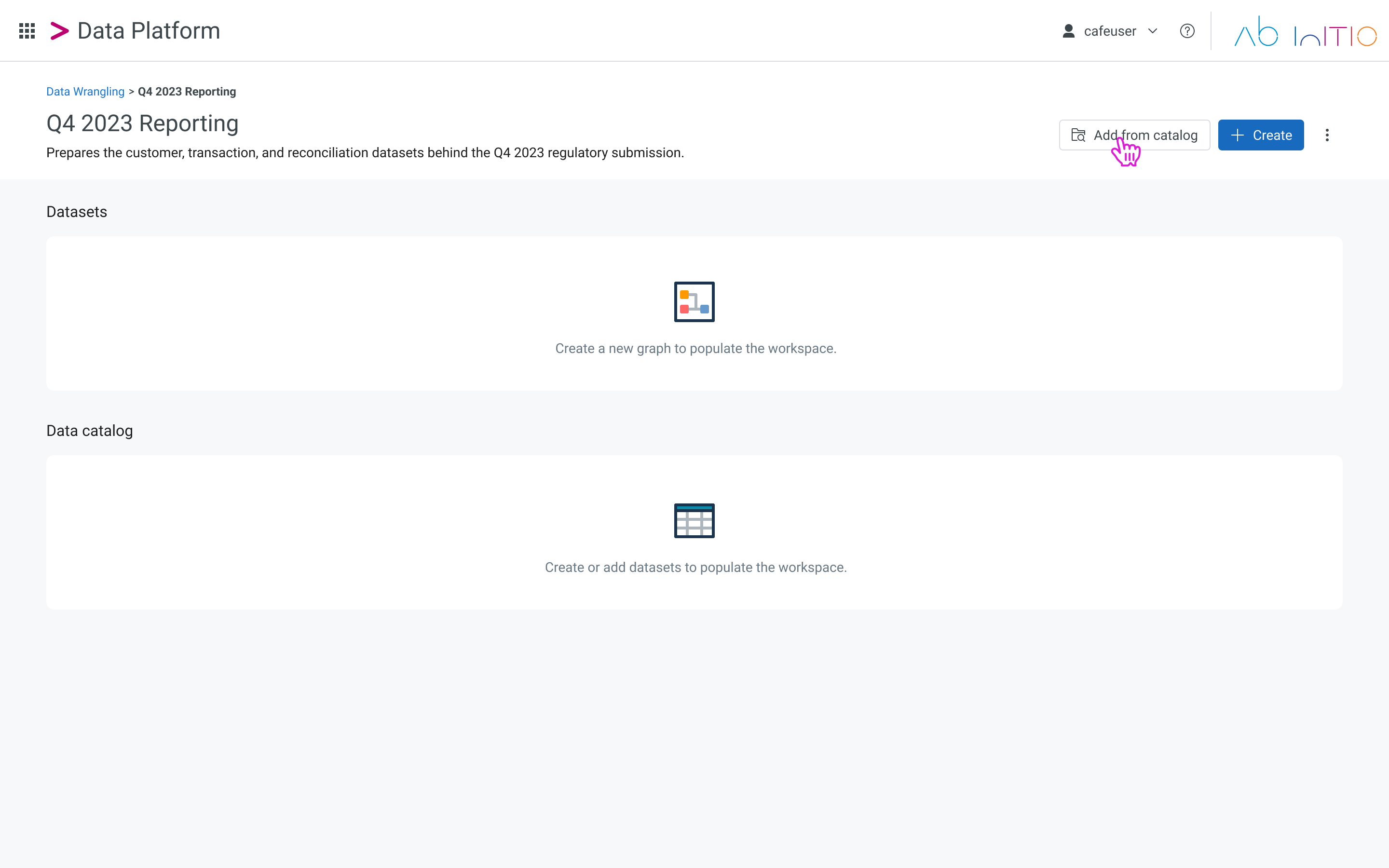 Data Platform Q4 2023 Reporting workspace with empty Datasets and Data catalog sections