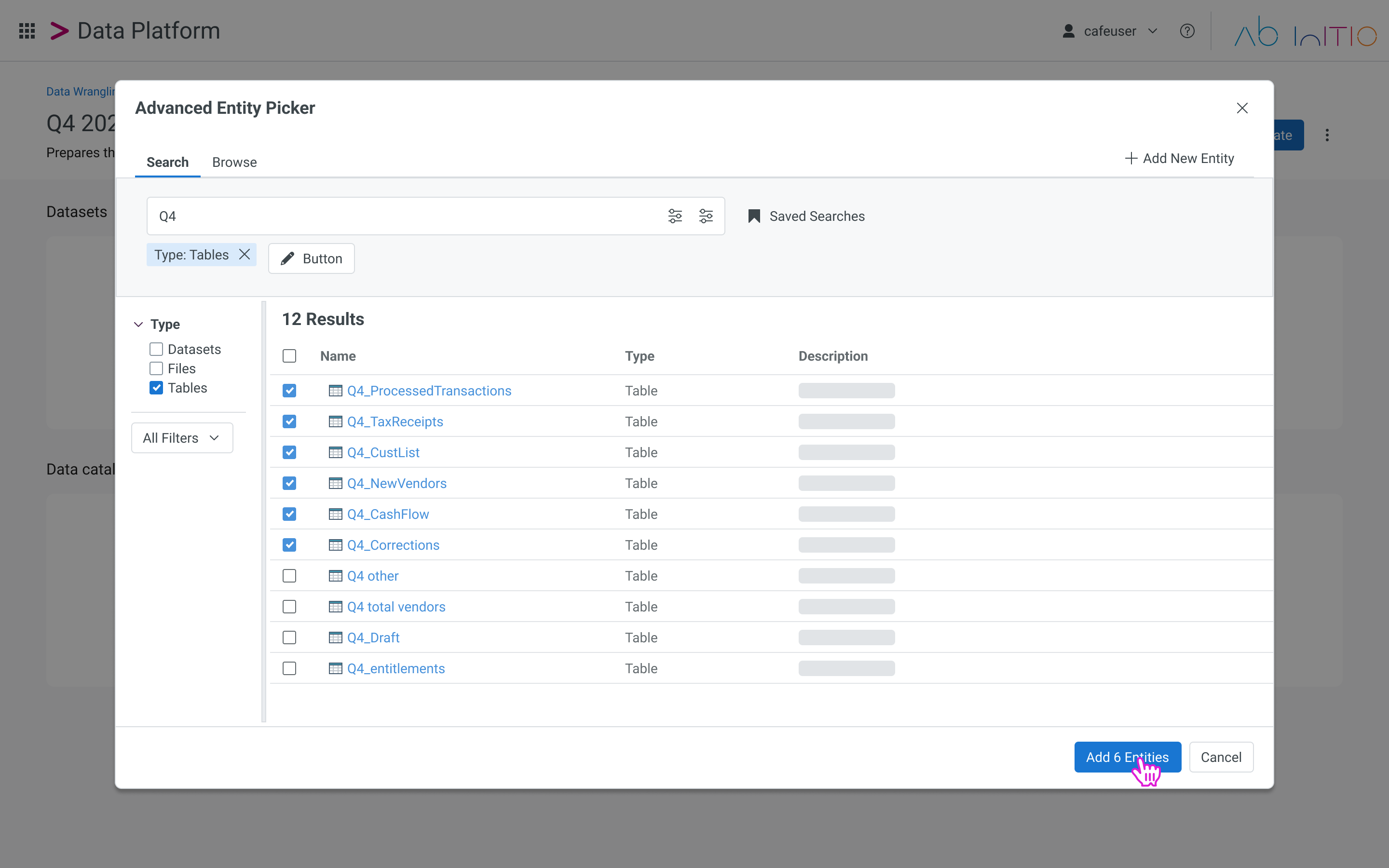 Advanced Entity Picker searching Q4 tables with six entities selected to add