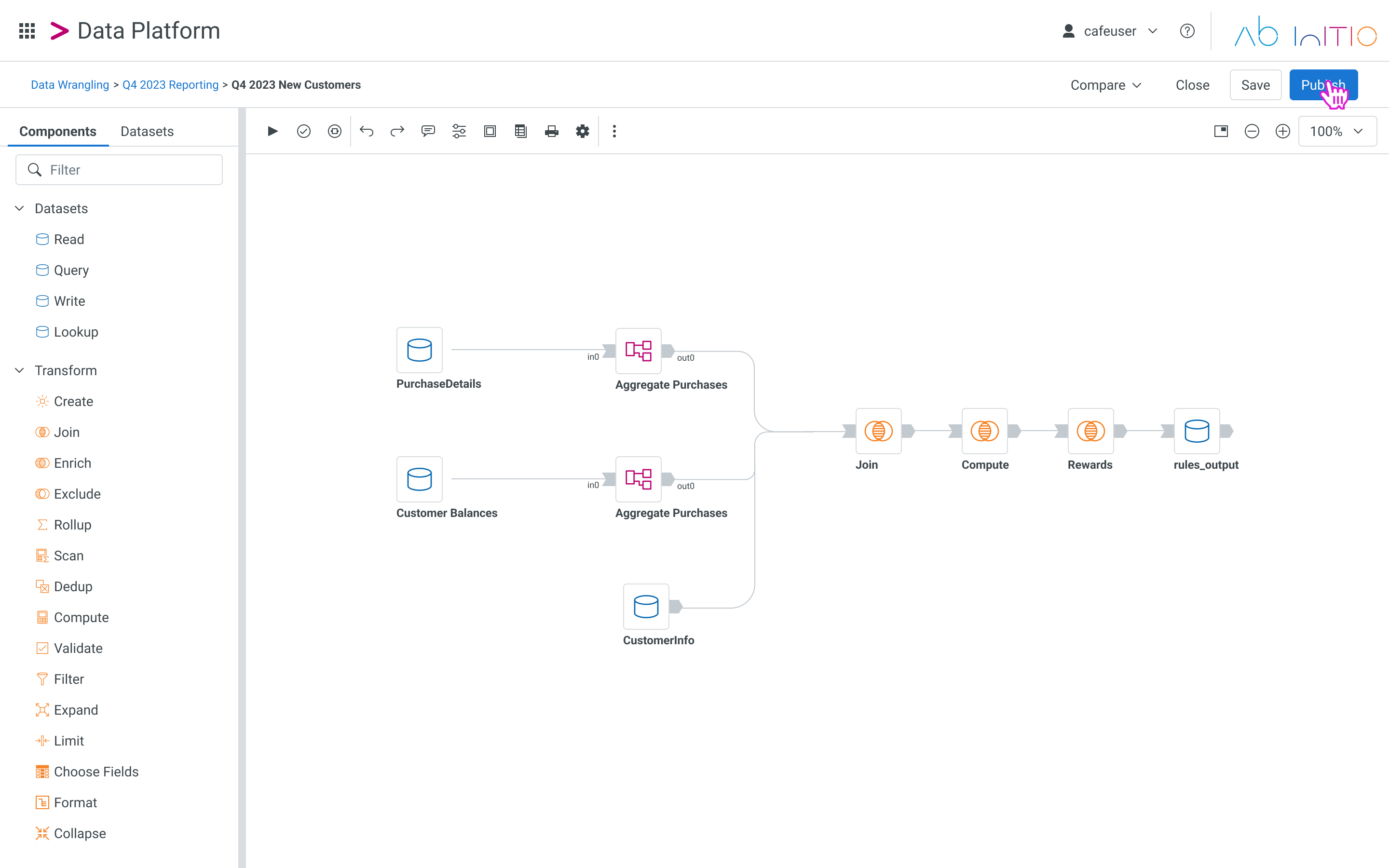 Visual transform graph for Q4 2023 New Customers with Join, Compute, and Rewards nodes
