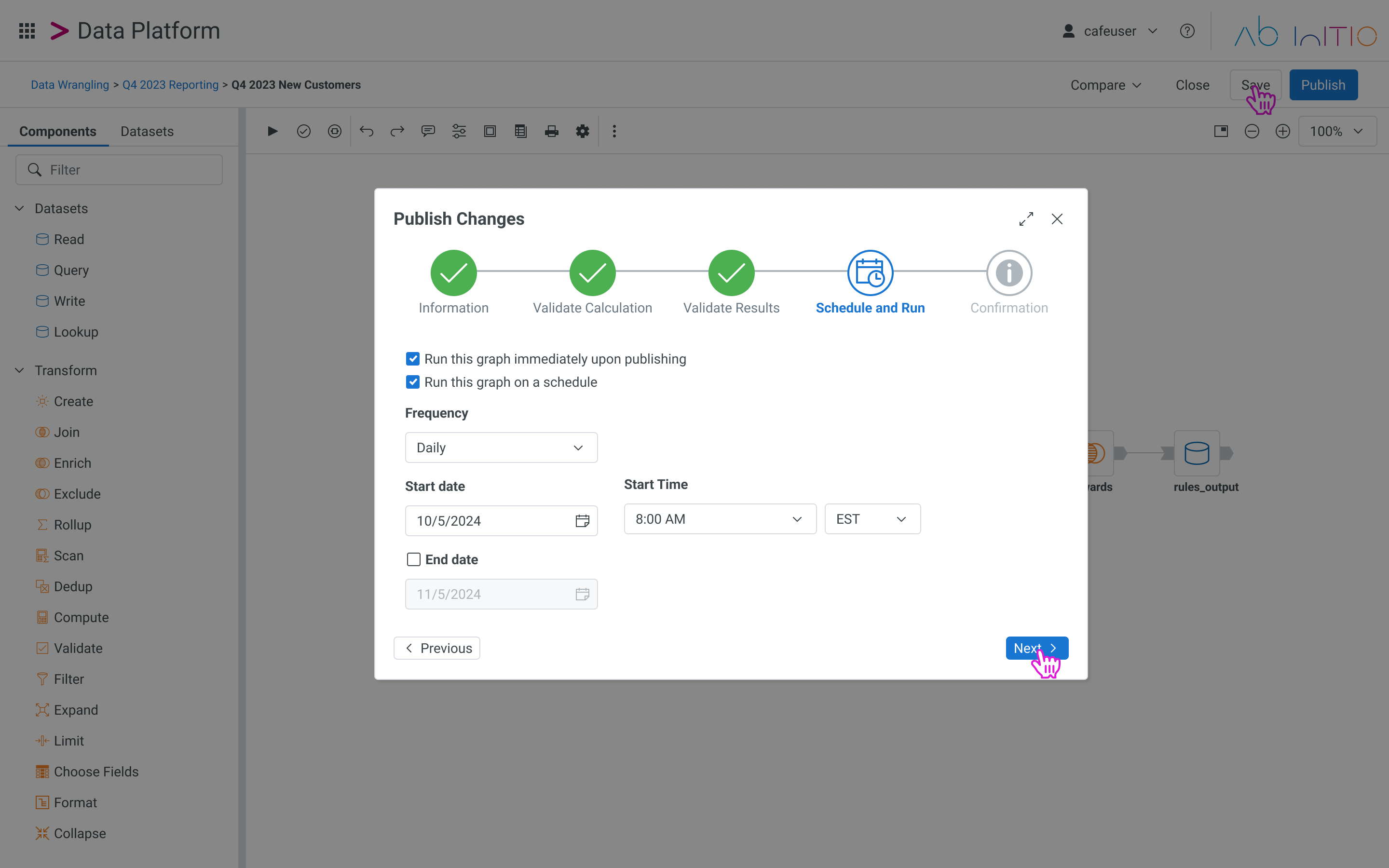 Publish Changes dialog on Schedule and Run with daily refresh settings