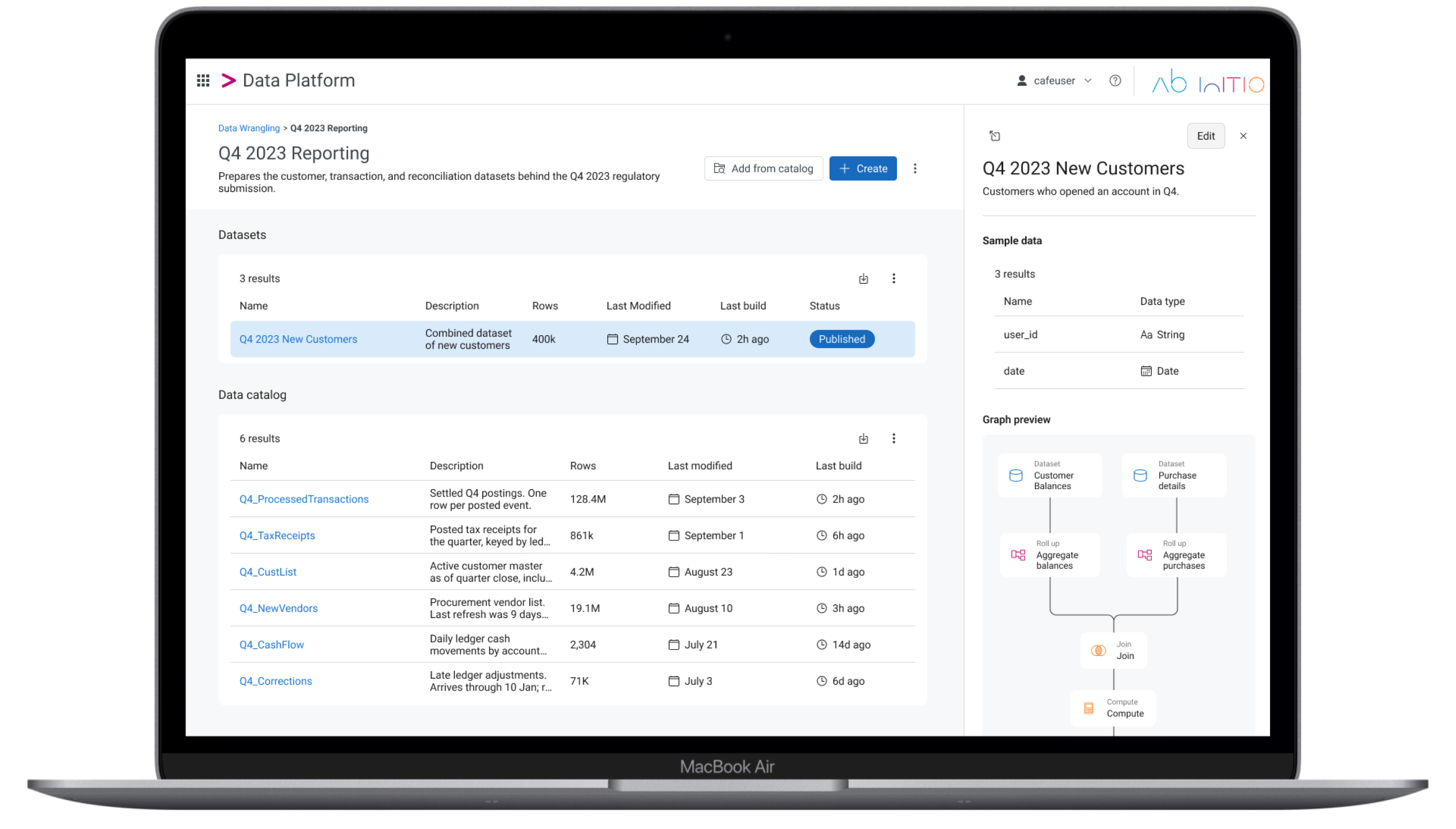 MacBook showing the shipped Data Platform with Q4 2023 Reporting datasets, sample data, and graph preview