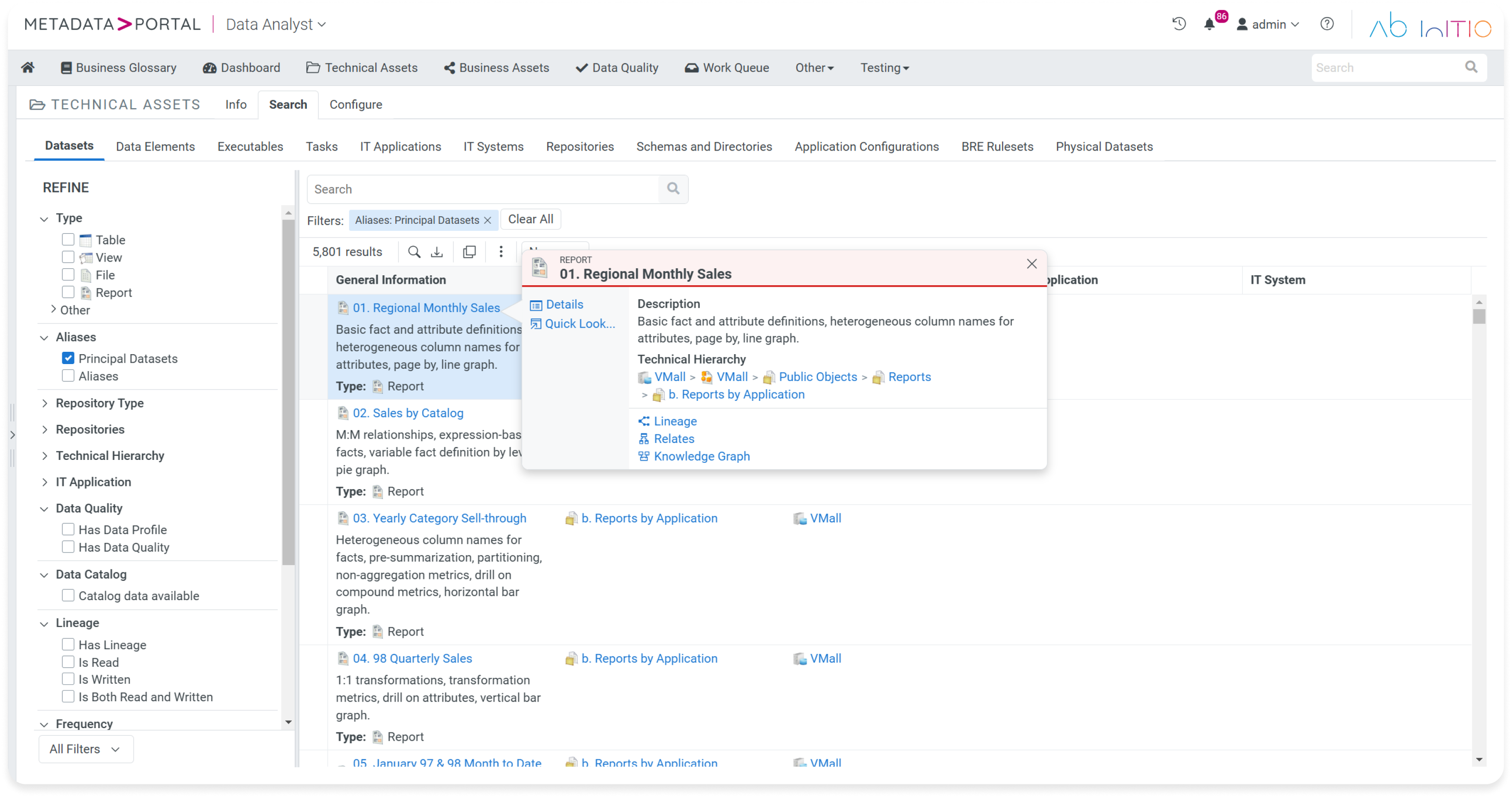Metadata>Portal Technical Assets search: datasets results with a quick-look panel for Regional Monthly Sales