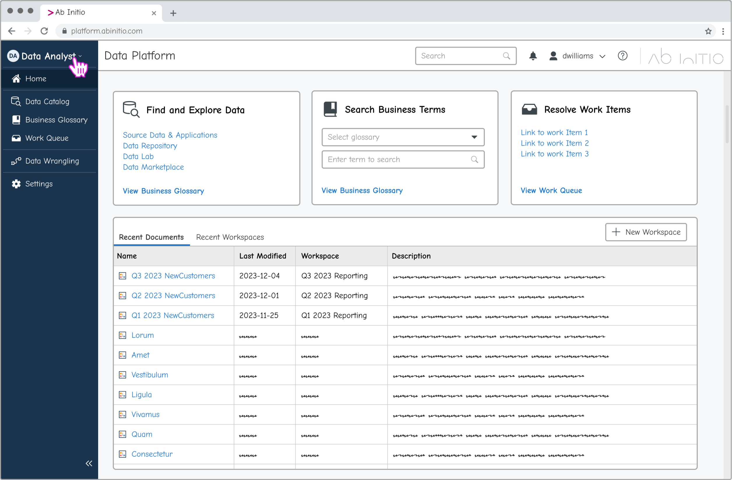 Early data platform home wireframe with persona switcher, Find and Explore Data, Search Business Terms, Resolve Work Items, and Recent Activity